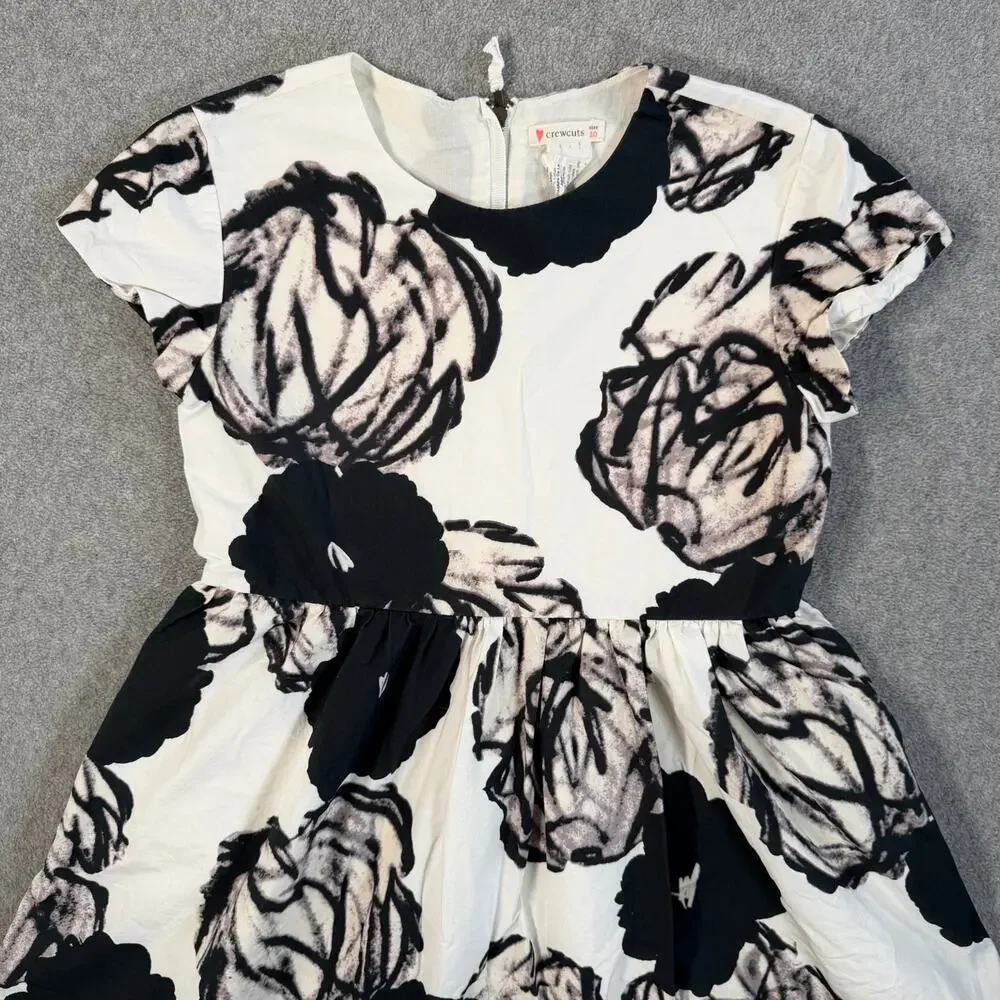 Crewcuts Girls Size 10 Black White Floral Cap Sleeve Dress Cotton Flare